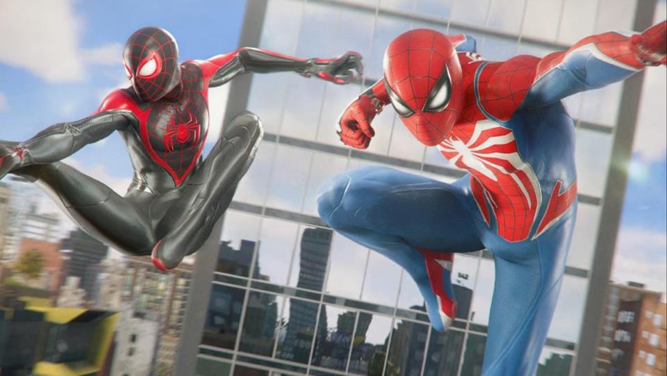 Marvel's Spider-Man 2 Miles Morals and Peter Parker swing through New York City.