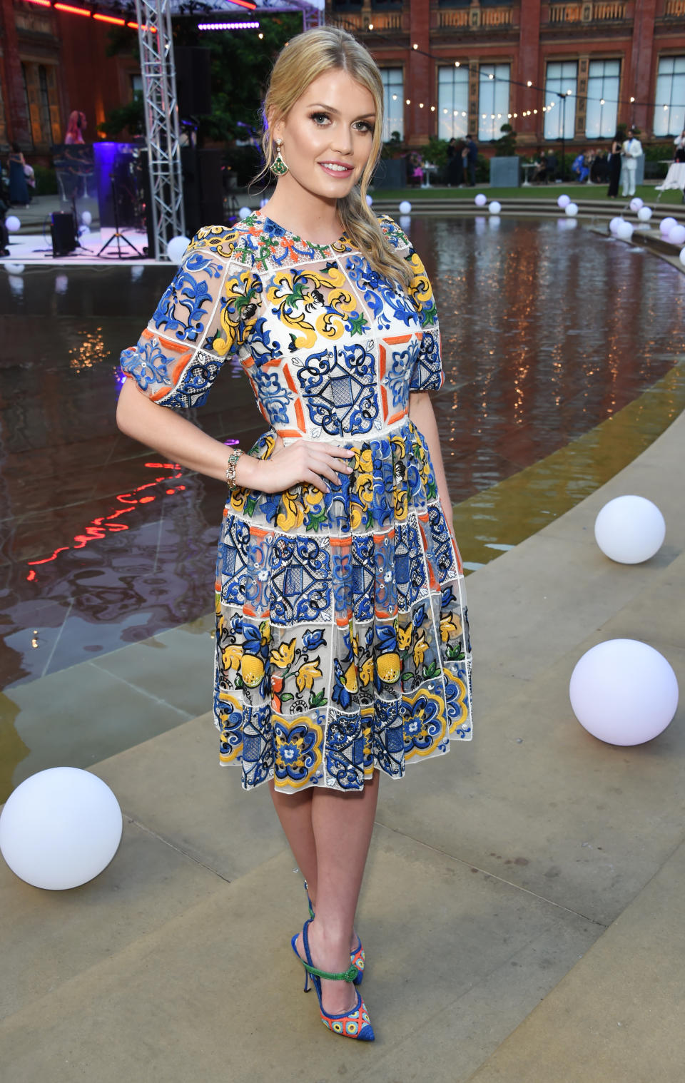 <p>Another night, another party for Kitty Spencer, who wore a printed D&G dress to the V&A summer Party. (Photo: Getty) </p>