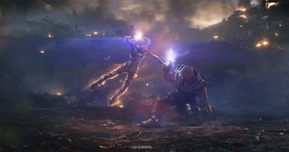 Brie Larson's cosmic hero Captain Marvel takes on Thanos in 'Avengers: Endgame'. (Credit: Marvel)