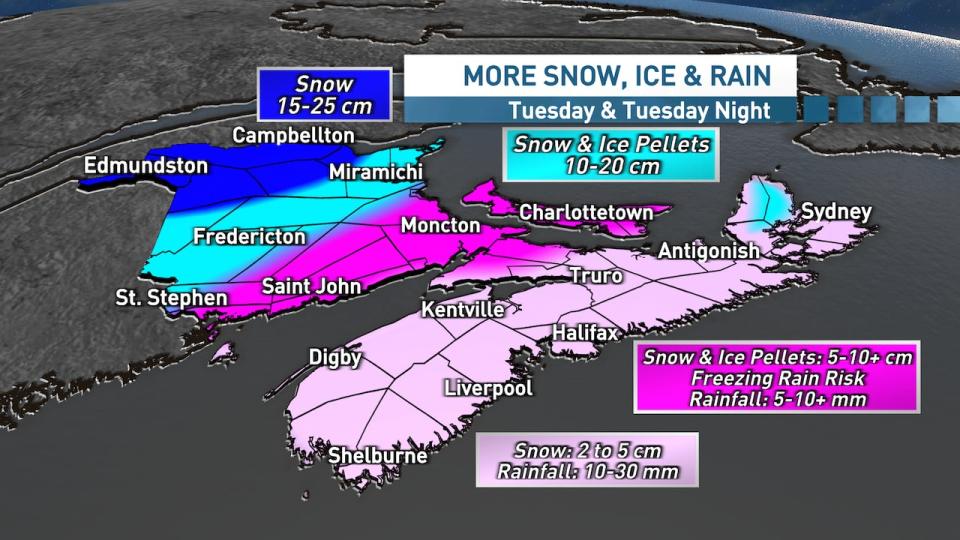 Snowfall amounts expected in the Maritimes for Tuesday.