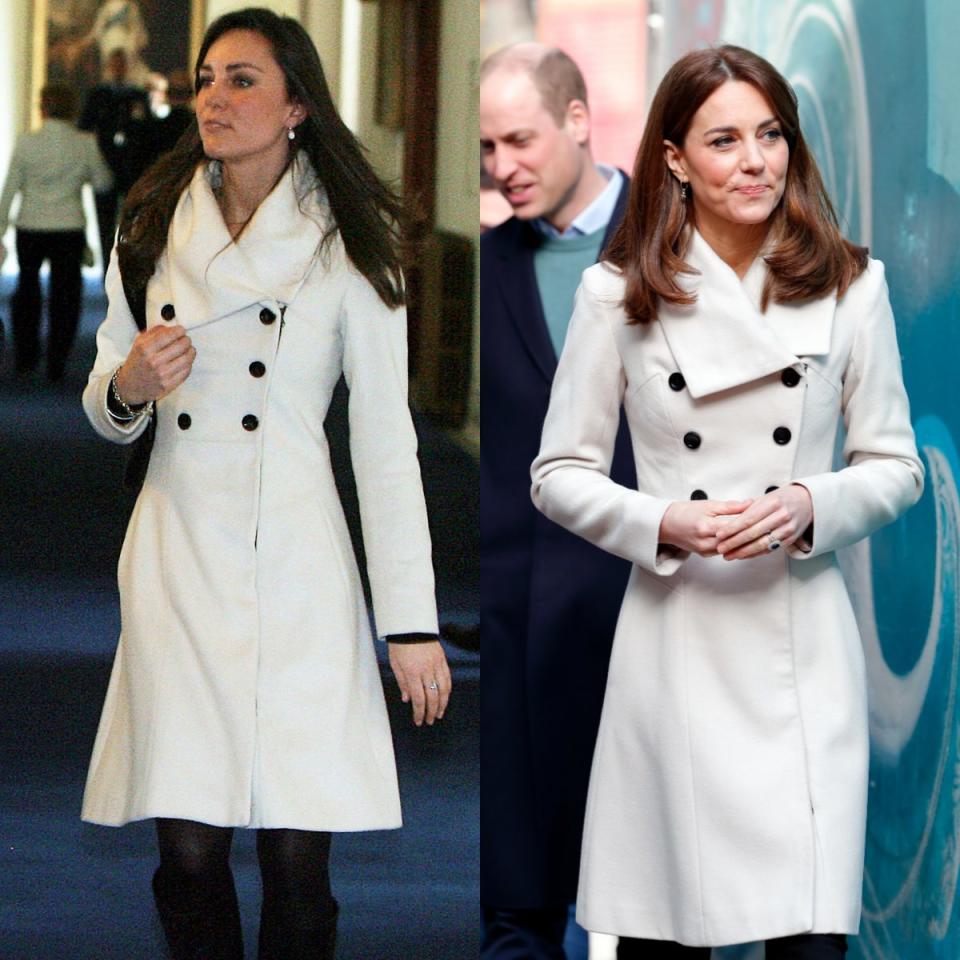 Kate wearing the Reiss 'Olivia' coat in 2008 and 2020