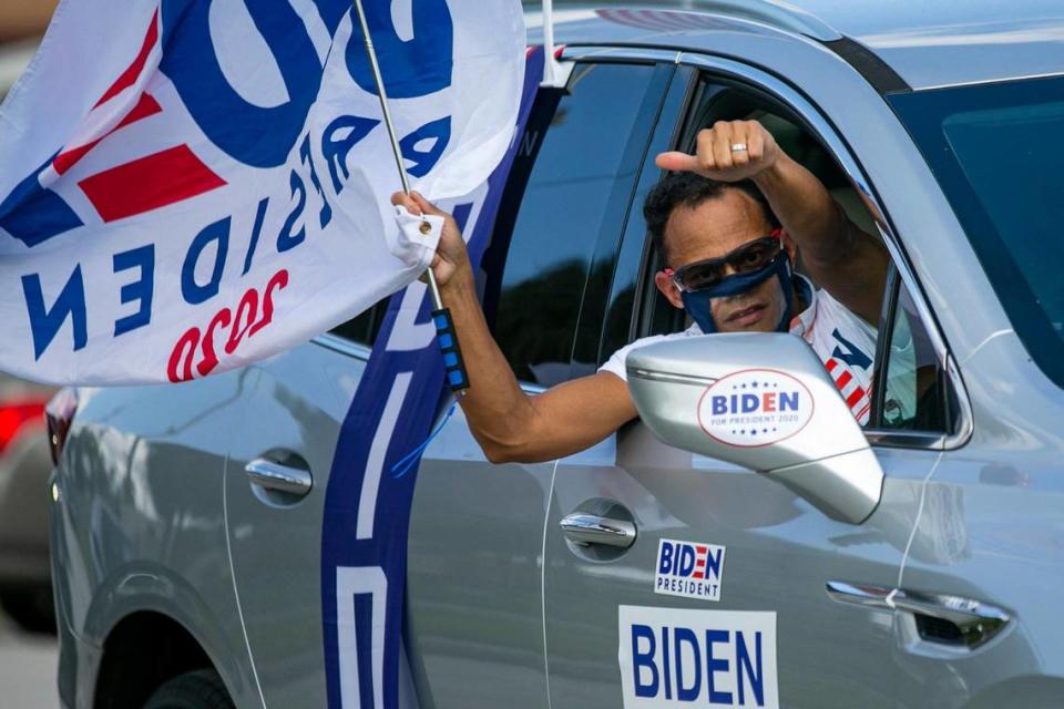 Joe Biden supporters participate in a Cubans Con Biden caravan at Bright Park in Hialeah, Florida on Saturday, September 19, 2020.