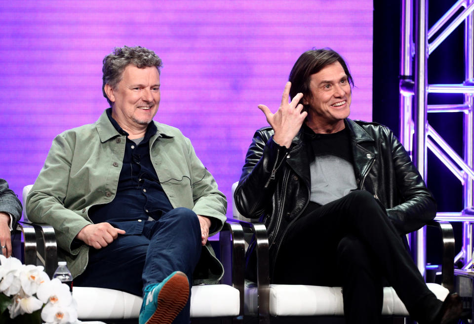 Director Michel Gondry and actor Jim Carrey at a press appearance for "Kidding" in August. (Photo: Frederick M. Brown via Getty Images)