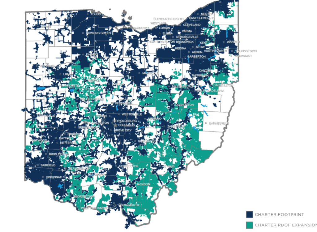 Charter Communications (aka Spectrum) will invest $556 million including at least $450 million in private capital and $106 received from the Rural Digital Opportunity Fund to expand broadband service to 112,777 new locations in Ohio including 3,917 in Guernsey County. Areas in dark blue show Charter's current network while green areas depict where the expansion will take place. Areas of white are not served by Charter, but could be served by another broadband provider.