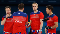 <p>Havard Vad Petersson, Christoffer Svae, Thomas Ulsrud and Torger Nergard of Norway compete in the Curling Men’s Round Robin Session 4 held at Gangneung Curling Centre on February 16, 2018 in Gangneung, South Korea. </p>