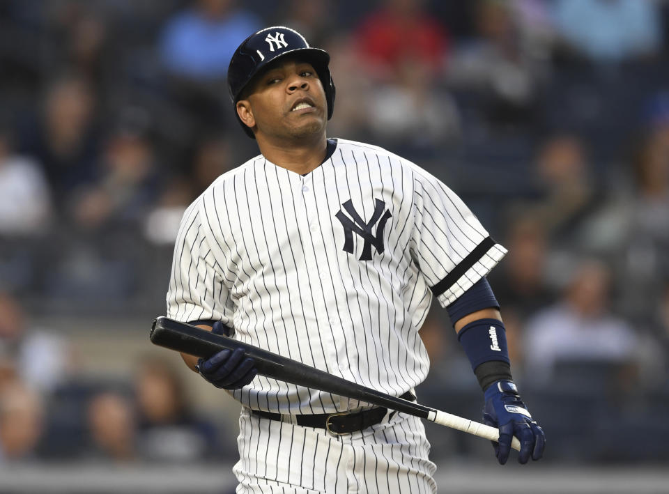 New York Yankees' Edwin Encarnacion reacts after making an out during the fourth inning of a baseball game against the Tampa Bay Rays, Monday, June 17, 2019, in New York. (AP Photo/Sarah Stier)