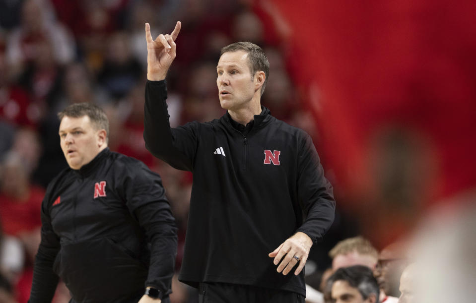 Nebraska head coach Fred Hoiberg signals to his team as they play against Rutgers during the first half of an NCAA college basketball game, Sunday, March 3, 2024, in Lincoln, Neb. (AP Photo/Rebecca S. Gratz)