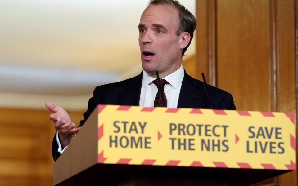 Mr Raab speaking during a remote press conference to update the nation on May 5, 2020 - Pippa Fowles/AFP