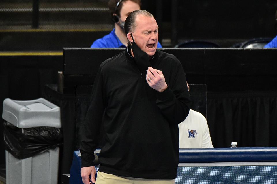 Feb 6, 2021; Memphis, Tennessee, USA; East Carolina Pirates head coach Joe Dooley during the first half against the Memphis Tigers at FedExForum.