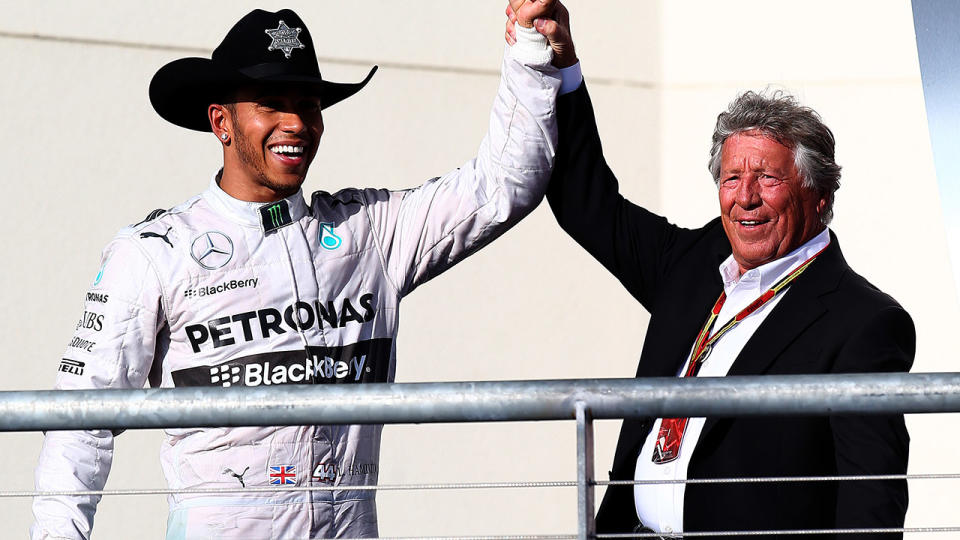 Lewis Hamilton and Mario Andretti, pictured here at the US Grand Prix in 2014.