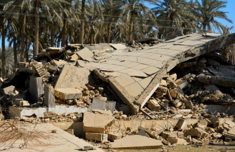 A picture taken on January 27, 2018 shows a destroyed house reportedly belonging to members of the Islamic State (IS) group in Ramadi, the capital of Iraq's Anbar Governorate