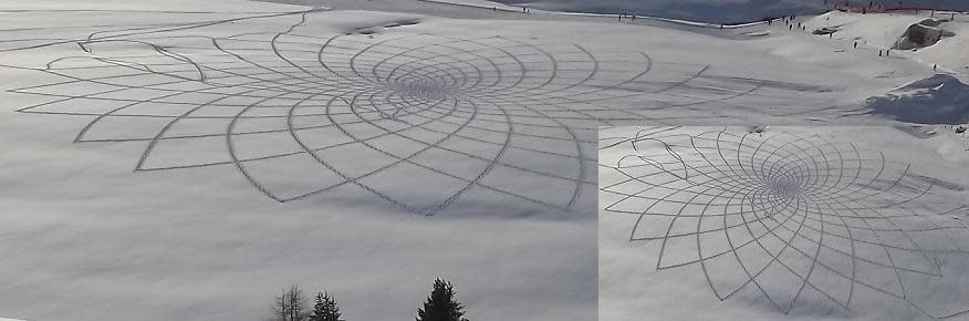 Snow art crop circles by Simon Beck<br>View more of Beck's art on his Facebook page, <a href="https://www.facebook.com/snowart8848" rel="nofollow noopener" target="_blank" data-ylk="slk:Simon Beck's Snow Art;elm:context_link;itc:0;sec:content-canvas" class="link ">Simon Beck's Snow Art</a>