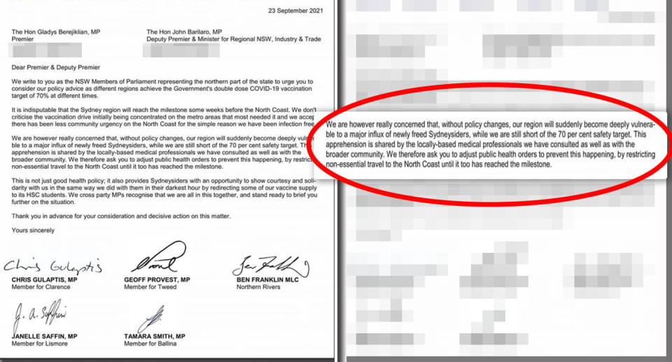 A copy of the letter co-signed by five regional MPs calling for restrictions on non-essential travel to Northern NSW. Source: Facebook