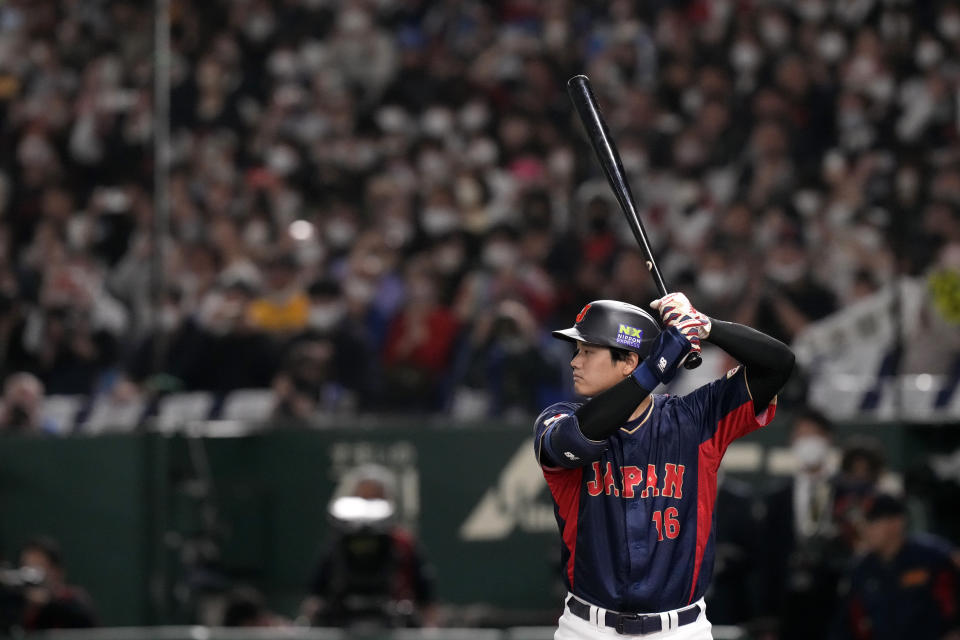 Shohei Ohtani of Japanwaits for a pitch from Blake Townsend of Australia in the 4th inning during their Pool B game at the World Baseball Classic at the Tokyo Dome Sunday, March 12, 2023, in Tokyo. (AP Photo/Eugene Hoshiko)