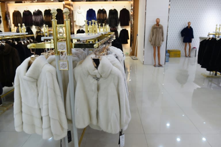 Fur coats at a store in the Yangyuan International Fur City in Zhangjiakou, in China's Hebei province, on July 21, 2015
