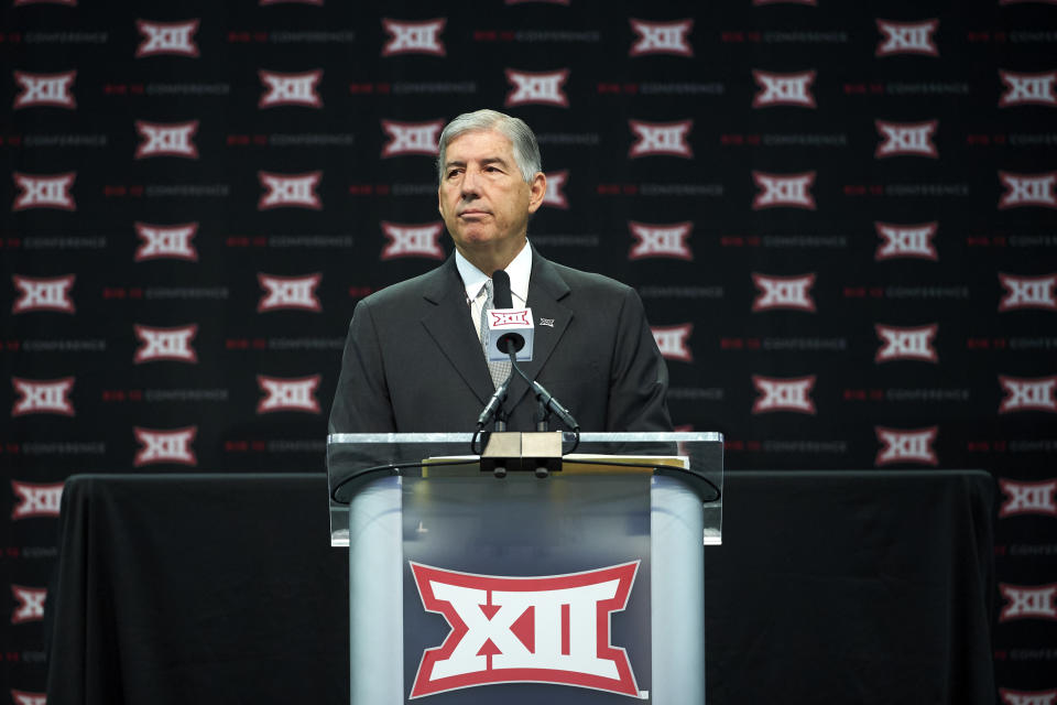 Big 12 commissioner Bob Bowlsby speaks during NCAA college football Big 12 media days in Frisco, Texas, Monday, July 16, 2018. (AP Photo/Cooper Neill)