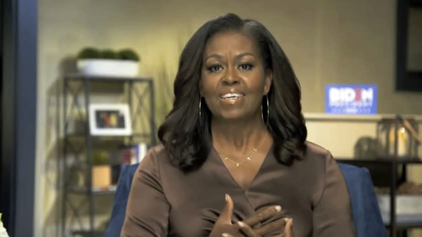 In this image from video, former first lady Michelle Obama speaks during the first night of the Democratic National Convention on Monday, Aug. 17, 2020. The DNC released excerpts of her speech ahead of the convention start. (Democratic National Convention via AP)