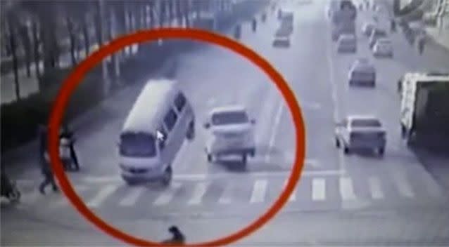 The shocking moment caught on tape of the cars 'flying' in the air. Source: Live Leak.