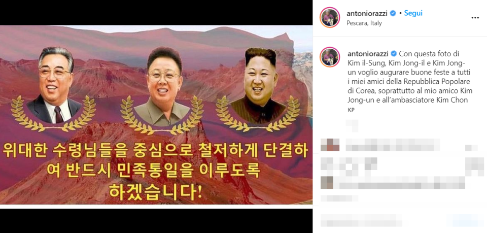 Il messaggio di auguri di Natale di Antonio Razzi al leader nordcoreano Kim Jong-un (Profilo Instagram)