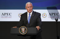 U.S. Vice President Mike Pence attends the APEC CEO Summit 2018 in Port Moresby, Papua New Guinea, Saturday, Nov. 17, 2018. (Fazry Ismail/Pool Photo via AP)