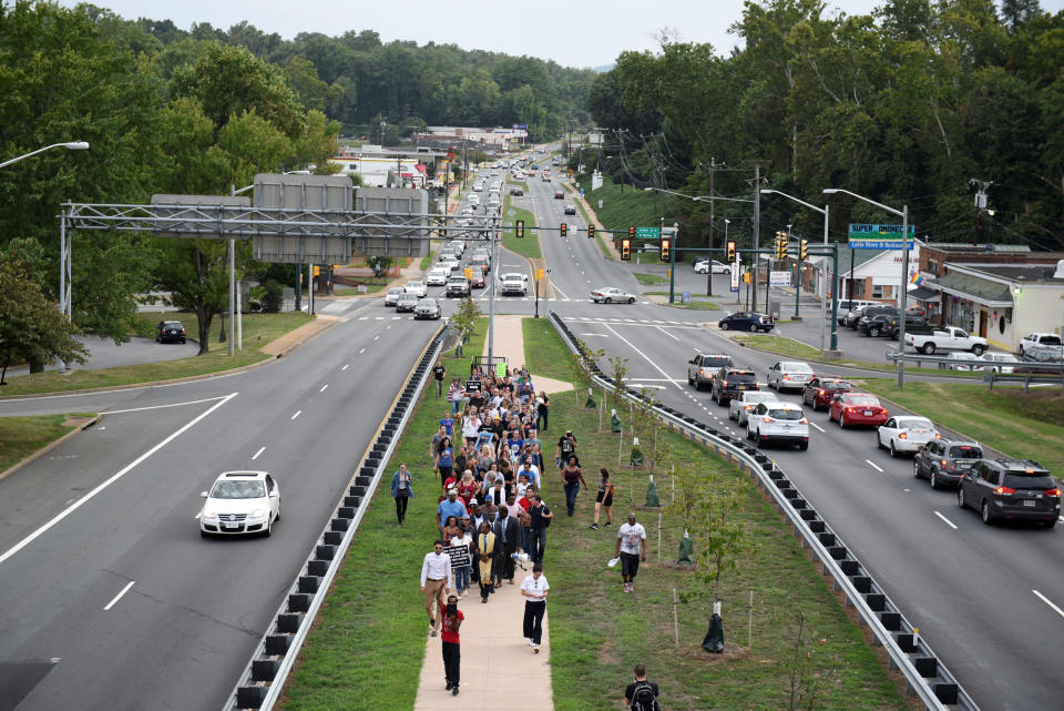 <p>Participants of “Charlottesville to D.C: The March to Confront White Supremacy” walk on Emmet Street N during a ten-day trek to the nation’s capital from Charlottesville, Va., Aug. 28, 2017. (Photo: Sait Serkan Gurbuz/Reuters) </p>