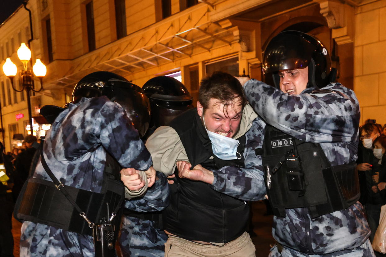 Police officers detain a protester during an unauthorised rally against a partial mobilisation announced by Russia's President Vladimir Putin on September 21. Source: Anton Novoderezhkin/TASS/Sipa USA