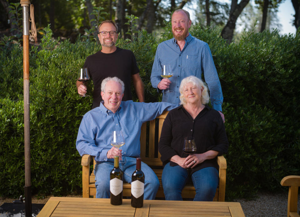 Winemaker Sam Kaplan with the Krausz family<p>Courtesy of Arkenstone | Photo by Jak Wonderly</p>