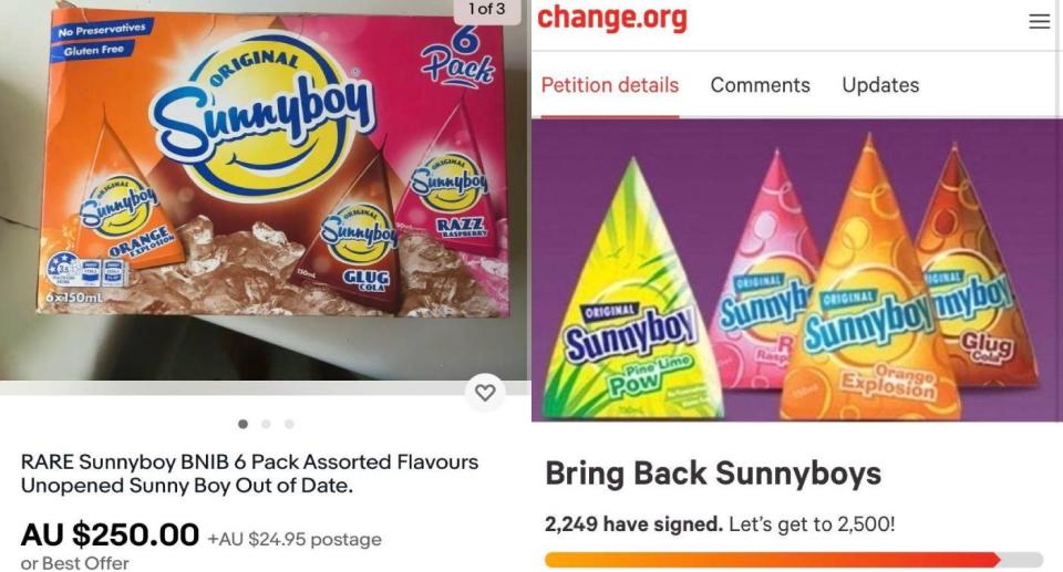 eBay listing showing Sunnyboy's for sale in a 6 pack for $250, screenshot of Change.org petition to bring back Sunnyboy's with 2,249 signatures. Source: eBay, Change.org