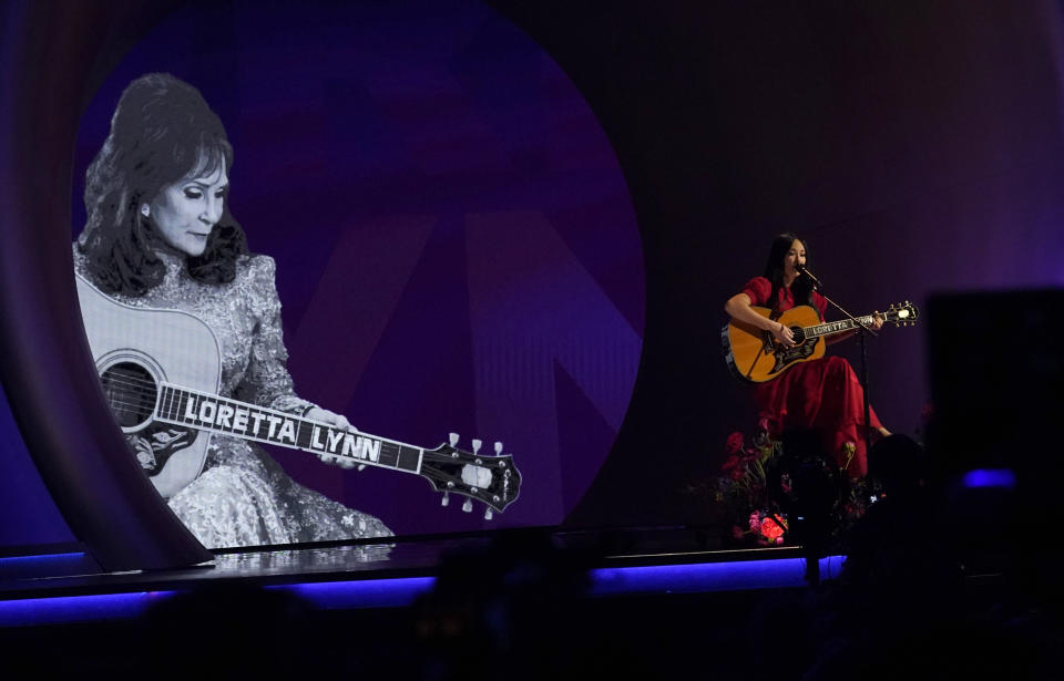 Kacey Musgraves performs a tribute to the late country singer Loretta Lynn at the 65th annual Grammy Awards on Sunday, Feb. 5, 2023, in Los Angeles. (AP Photo/Chris Pizzello)