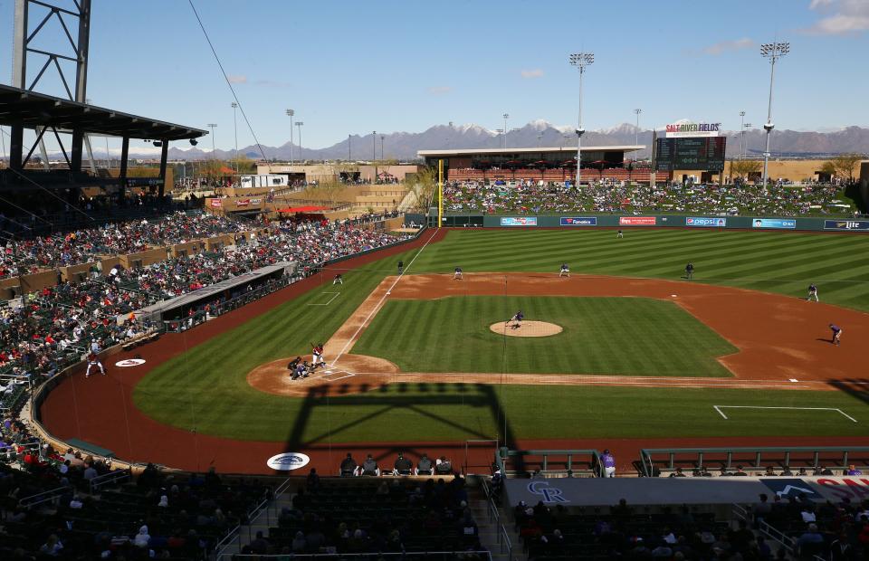 Arizona Diamondbacks face off against the Colorado Rockies during a spring training game on Feb. 23, 2019, at Salt River Fields in Scottsdale, Ariz.