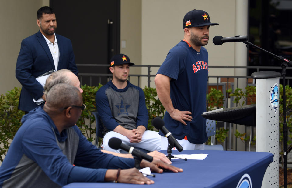 Jose Altuve of the Astros apologizes Thursday for the Astros 2017 cheating scheme. (Jim Rassol-USA TODAY Sports)