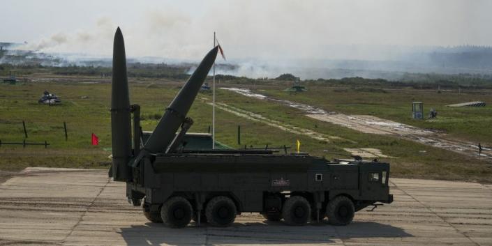 A Iskander-M missile launcher performs during the International Military-Technical Forum &quot;Army 2022&quot; at Kubinka military training ground in Moscow, Russia on August 17, 2022.