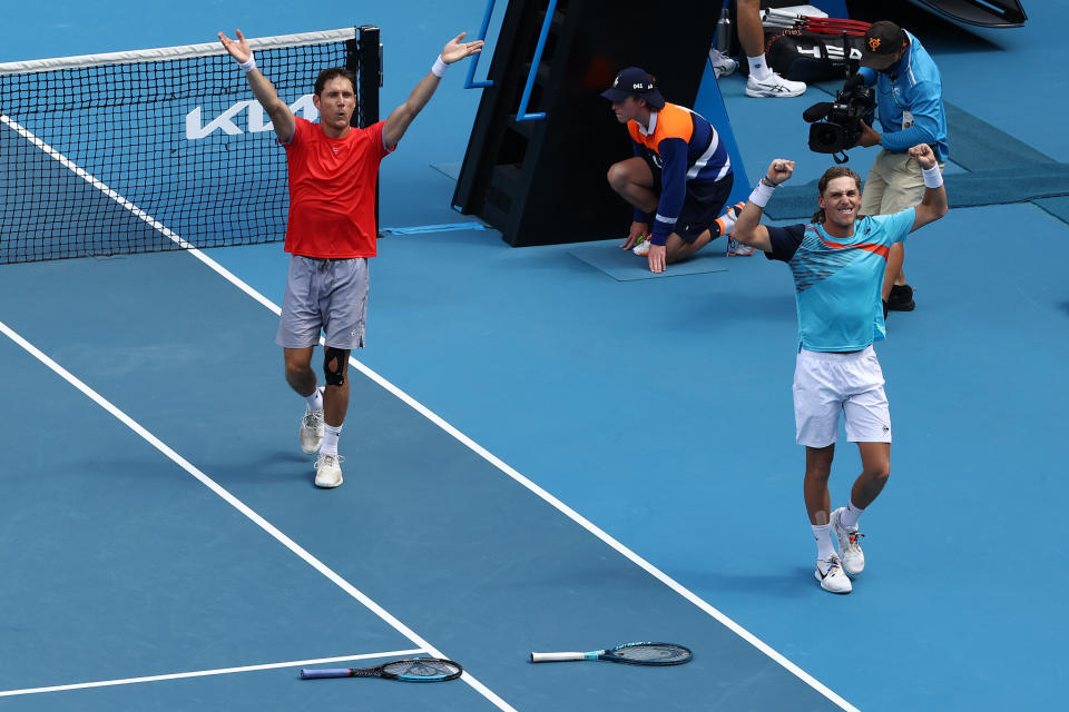 Matt Ebden and Max Purcell, pictured here celebrating after advancing to the Australian Open doubles final.