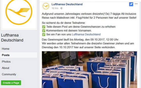 So sieht das angebliche Gewinnspiel der Lufthansa aus. (Bild: Screenshot: Facebook).