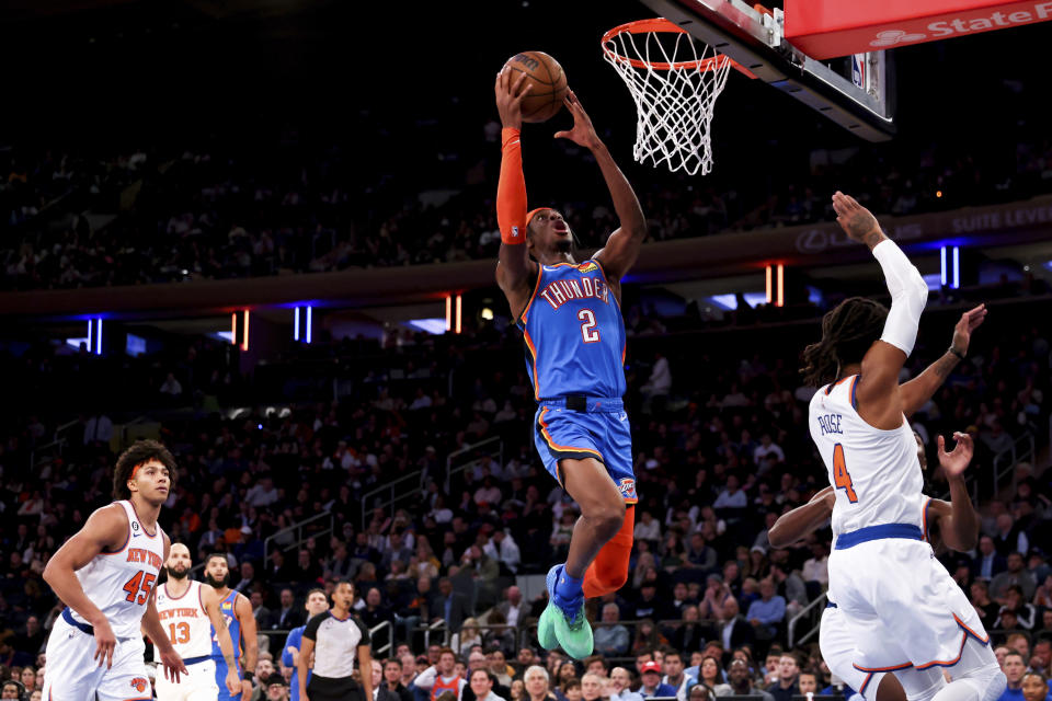 Oklahoma City Thunder guard Shai Gilgeous-Alexander (2) goes up for a shot during the second half of an NBA basketball game against the New York Knicks, Sunday, Nov. 13, 2022, in New York. The Thunder won 145-135. (AP Photo/Julia Nikhinson)