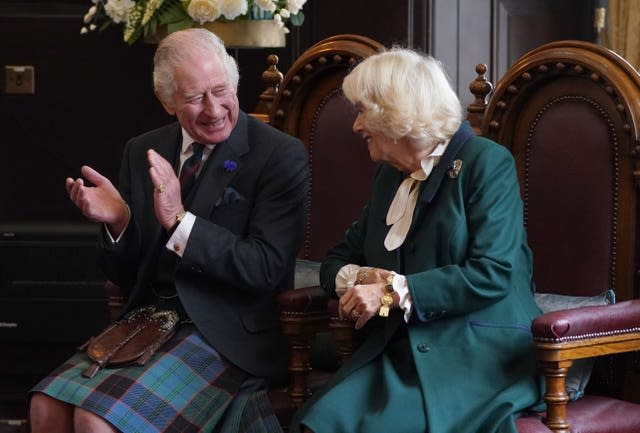 King Charles III and the Queen Consort attend an official council meeting at the City Chambers in Dunfermline, Fife, to formally mark the conferral of city status on the former town, ahead of a visit to Dunfermline Abbey to mark its 950th anniversary