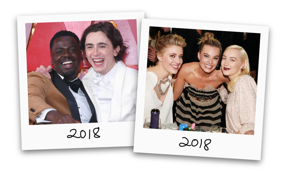 Daniel Kaluuya (L) and Timothee Chalamet and Greta Gerwig and actors Margot Robbie and Saoirse Ronan.