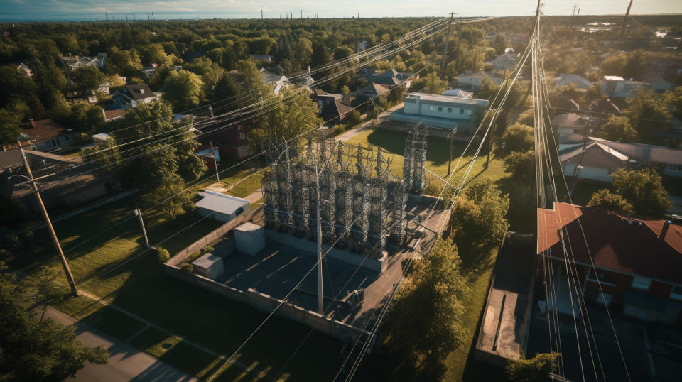 An aerial view of a large power substation, standing tall in a residential neighbourhood.