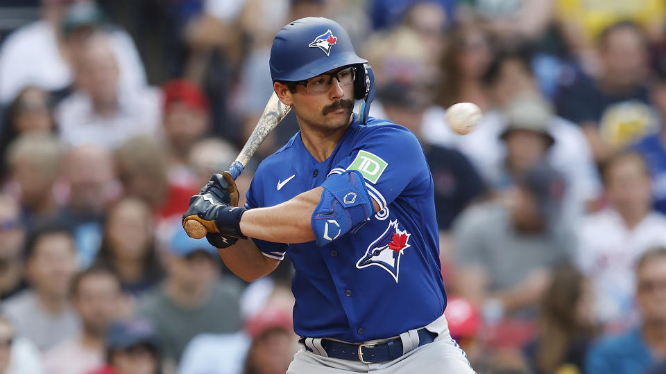 Blue Jays rookie Davis Schneider has shown a terrific eye at the plate. (AP Photo/Michael Dwyer)