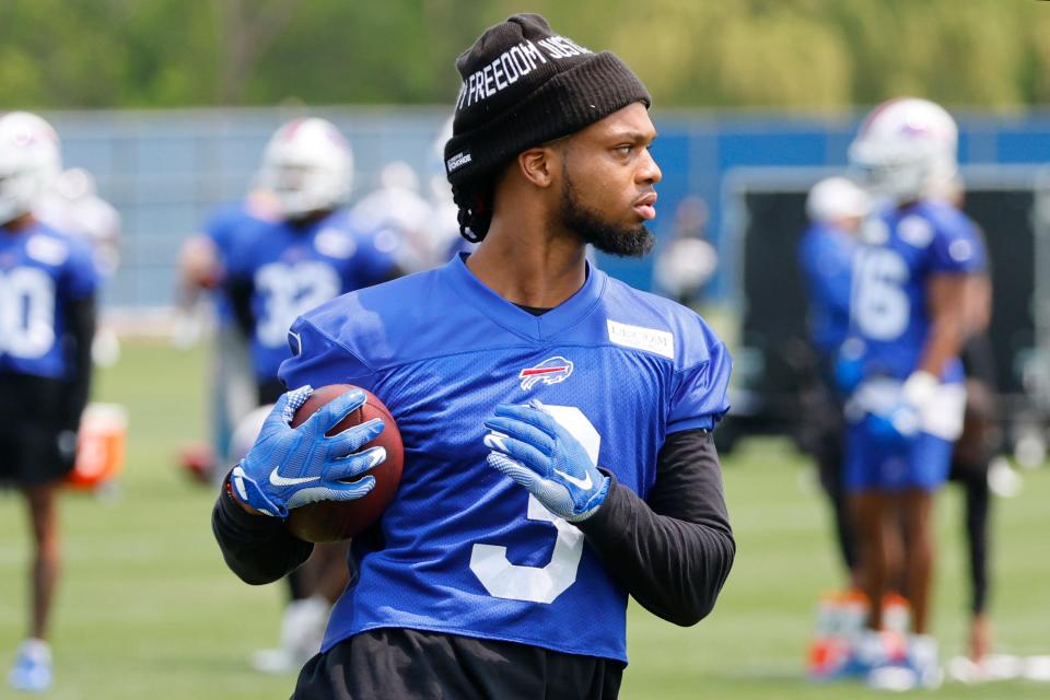 Buffalo Bills defensive back Damar Hamlin (3) works out during NFL football practice in Orchard Park, N.Y., Tuesday May 23, 2023.