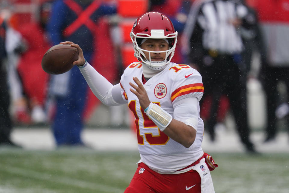 Kansas City Chiefs quarterback Patrick Mahomes throws a pass during the first half of an NFL football game against the Denver Broncos, Sunday, Oct. 25, 2020, in Denver. (AP Photo/Jack Dempsey)