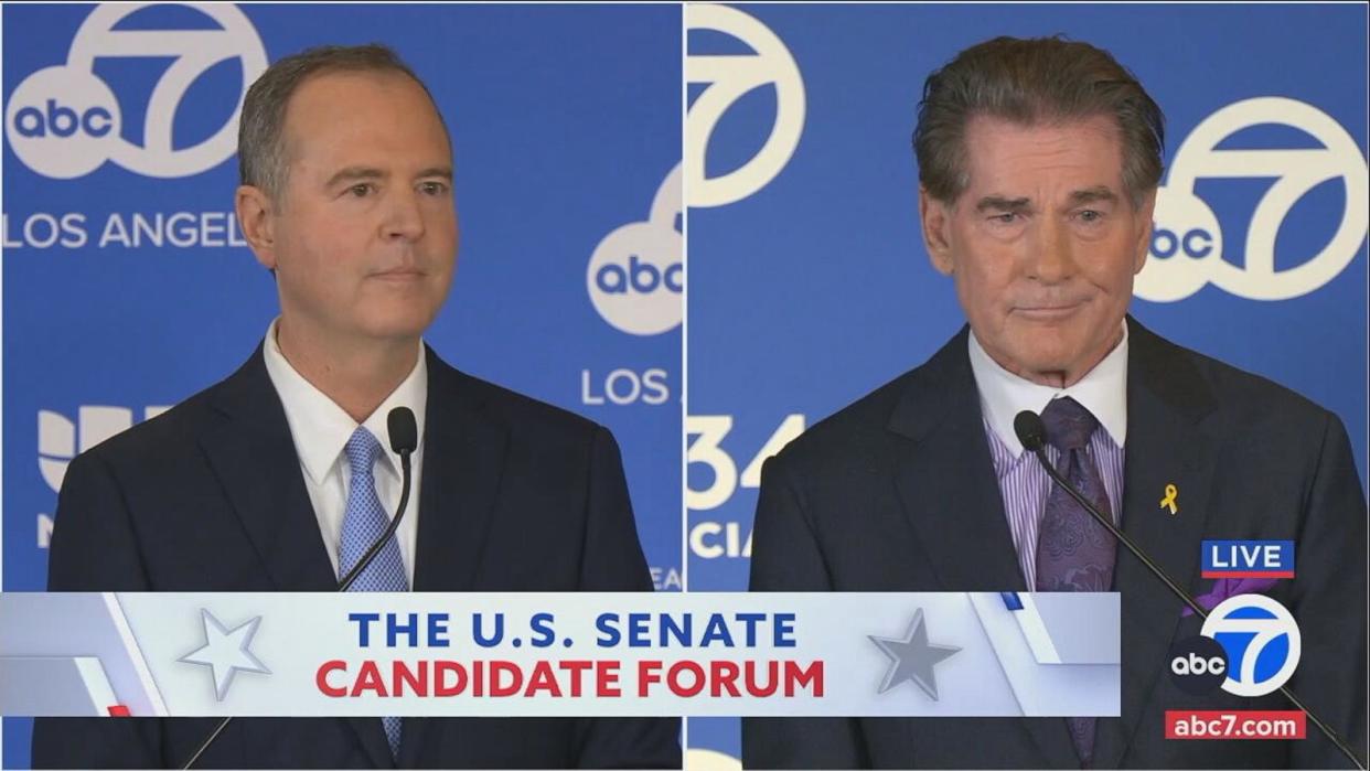 PHOTO: Rep. Adam Schiff and Steve Garvey stand on stage Tuesday at the U.S. Senate Candidates Forum hosted by ABC station KABC and the League of Women Voters of California. (KABC)