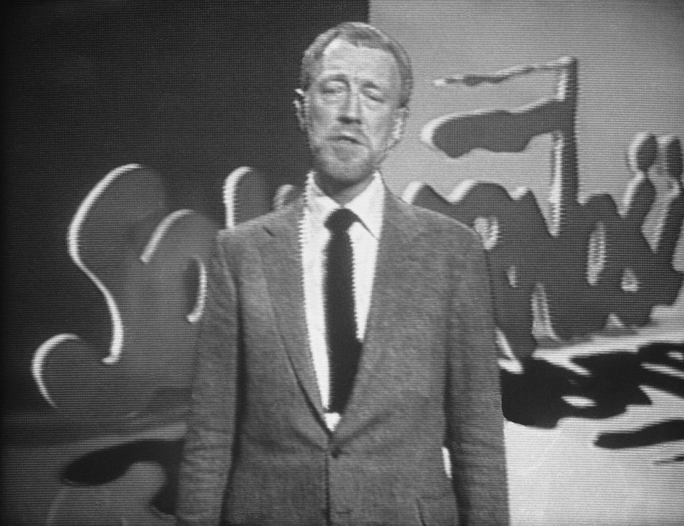 Actor Max Von Sydow appears before a solidarity sign on a pre-taped U.S. government sponsored program entitled "Let Poland Be Poland" to show support for Poland's Solidarity movement, Jan. 31, 1982, in New York. This picture was photographed off a TV monitor at the New York studios of Reeves Teletape. This program, produced by the U.S. International Communication Agency, was beamed by satellite to 20 affiliates of the European Broadcasting Union and 30 other countries, in a total of 39 languages. (AP Photo/David Bookstaver)