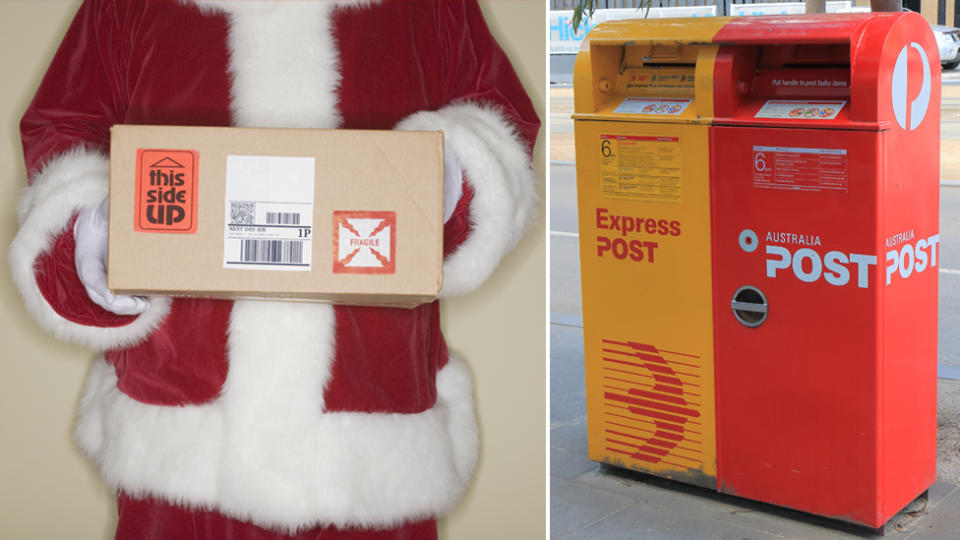 Santa holding a package and an Express Post and Australia post letter box