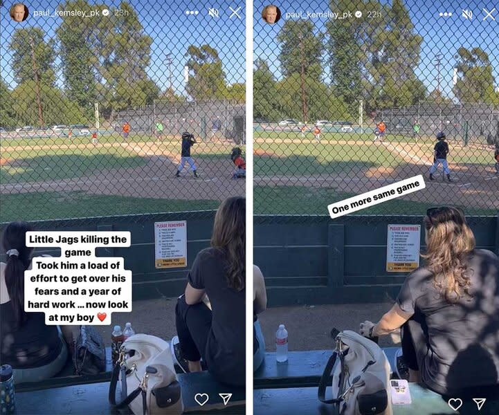 A split of Paul Kemsley watching Jagger Kemsley play baseball.