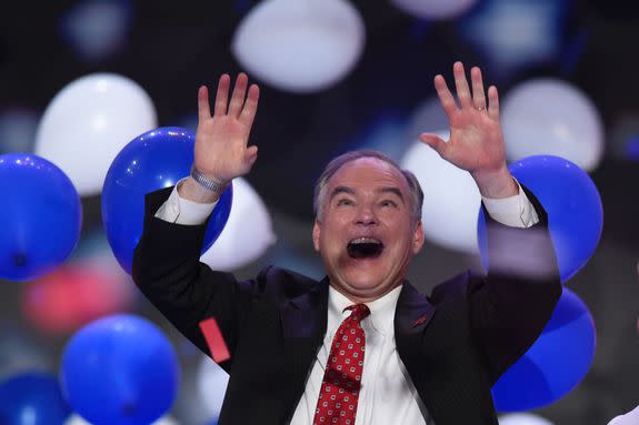 Balloons descend as Democratic presidential nominee Hillary Clinton and running mate Tim Kaine celebrate on the fourth and final night of the Democratic National Convention at Wells Fargo Center on July 28, 2016 in Philadelphia, Pennsylvania.   / AFP / SAUL LOEB        (Photo credit should read SAUL LOEB/AFP/Getty Images)