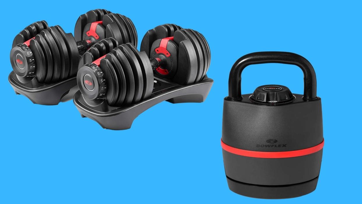 Bowflex adjustable weights and kettlebells.