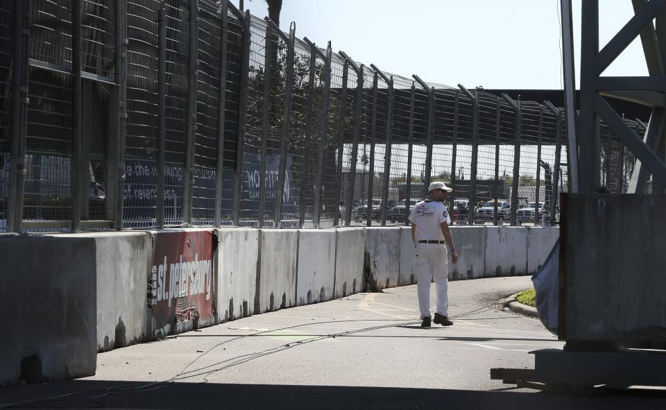 The track is void of cars after at the IndyCar Grand Prix of St. Petersburg, Friday, March 13, 2020 in St. Petersburg. NASCAR and IndyCar have postponed their weekend schedules at Atlanta Motor Speedway and St. Petersburg, due to concerns over the COVID-19 pandemic. (Dirk Shadd/Tampa Bay Times via AP)