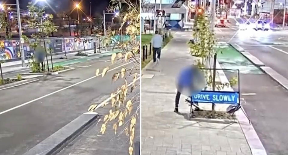 A man is filmed on CCTV ripping tree branches from newly planted trees on Roe Street in Perth.