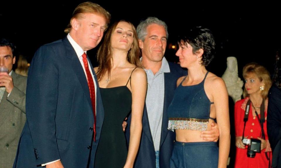 Donald Trump, his future wife Melania Knauss, Jeffrey Epstein and Ghislaine Maxwell pose together at the Mar-a-Lago club, Palm Beach, Florida, on 12 February 2000.